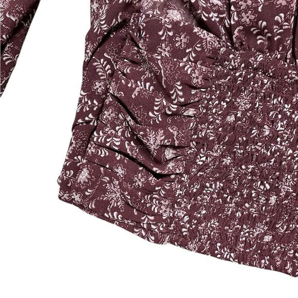 BOHME Floral Ruched Front Blouse Maroon Cream Size Small - Picture 4 of 6